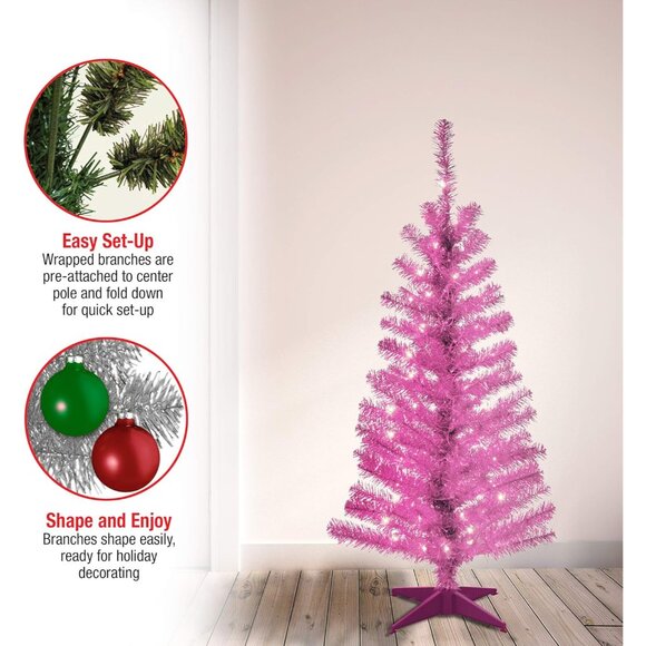 Pre-Lit Artificial Christmas Tree, Pink Tinsel, White Lights, Includes Stand, 4 - Picture 4 of 4